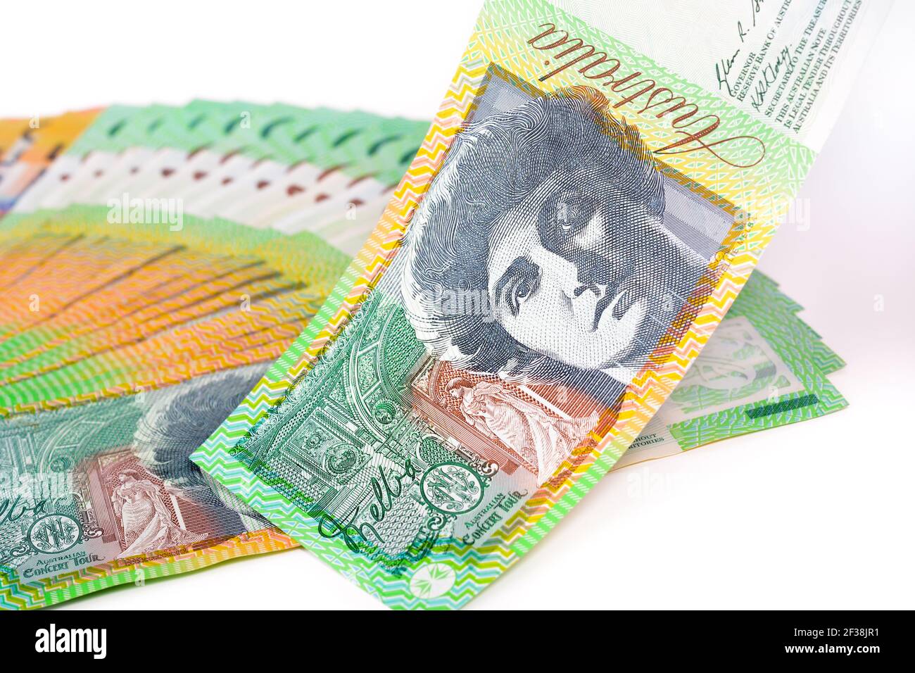 Hundert australische Dollar (AUD) Banknoten auf weißem Hintergrund Stockfoto