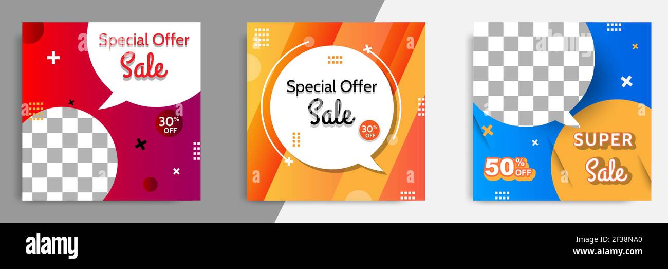 Drei Satz Verkauf quadratische Banner. Abstrakte Gradienten moderne geometrische Design-Stil Vorlage. Geeignet für Werbung und Promotion in Social Media Post Stock Vektor