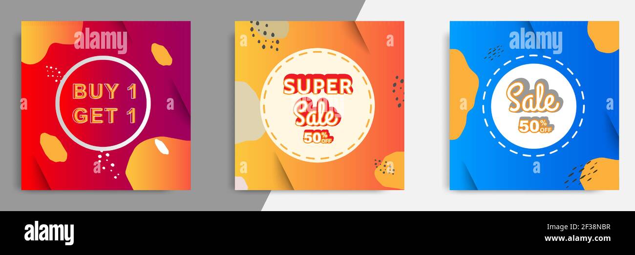 Drei Satz Verkauf quadratische Banner. Abstrakte Gradienten moderne geometrische Design-Stil Vorlage. Geeignet für Werbung und Promotion in Social Media Post Stock Vektor