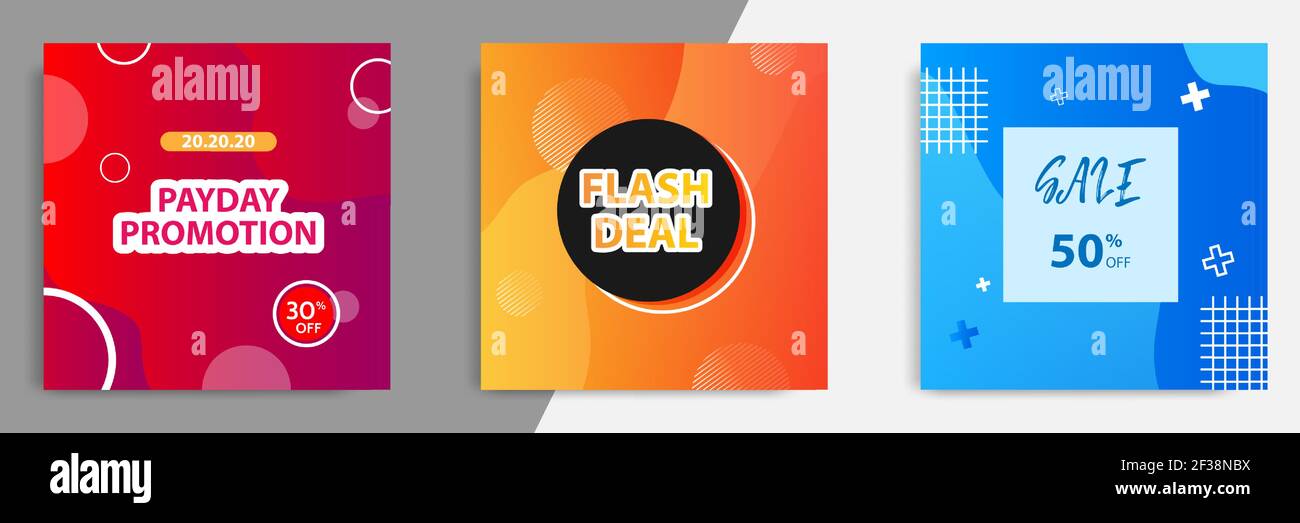 Drei Satz Verkauf quadratische Banner. Abstrakte Gradienten moderne geometrische Design-Stil Vorlage. Geeignet für Werbung und Promotion in Social Media Post Stock Vektor