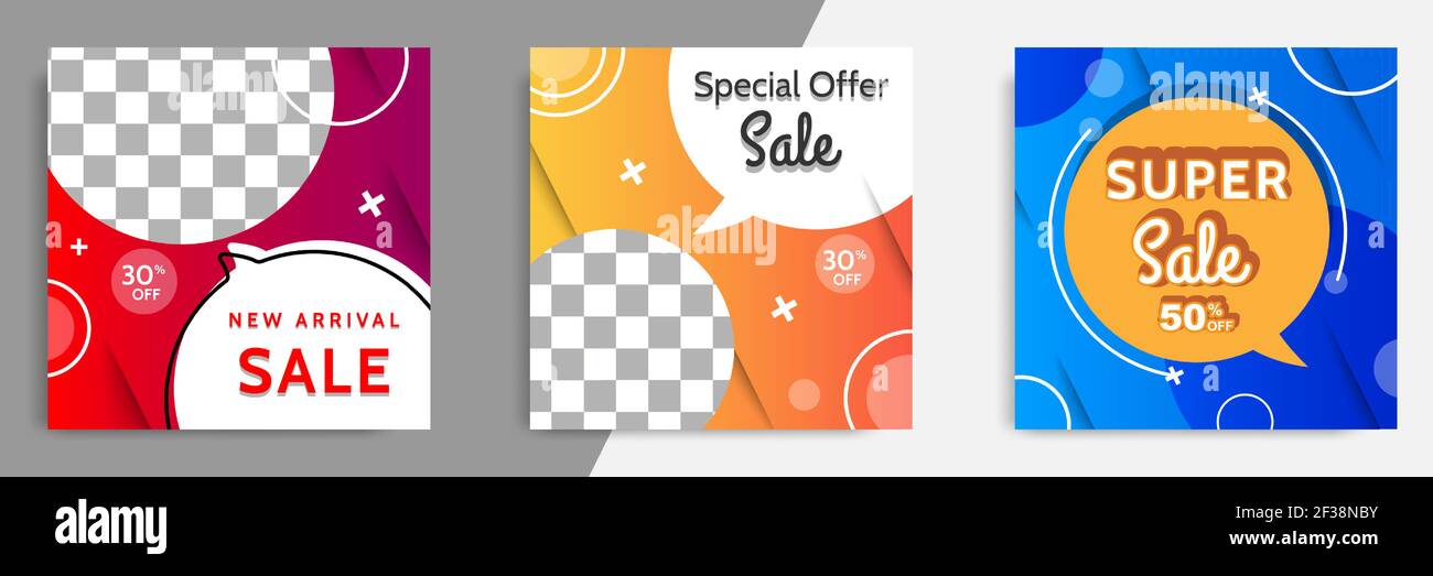 Drei Satz Verkauf quadratische Banner. Abstrakte Gradienten moderne geometrische Design-Stil Vorlage. Geeignet für Werbung und Promotion in Social Media Post Stock Vektor