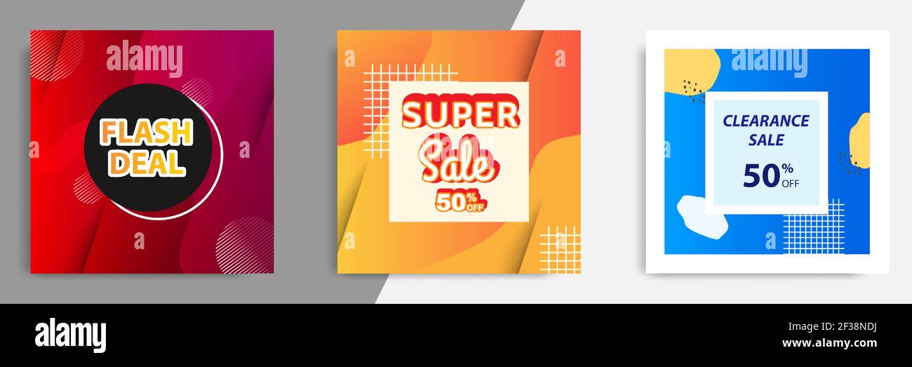 Drei Satz Verkauf quadratische Banner. Abstrakte Gradienten moderne geometrische Design-Stil Vorlage. Geeignet für Werbung und Promotion in Social Media Post Stock Vektor