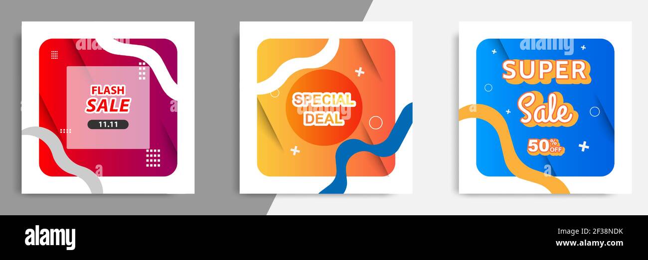 Drei Satz Verkauf quadratische Banner. Abstrakte Gradienten moderne geometrische Design-Stil Vorlage. Geeignet für Werbung und Promotion in Social Media Post Stock Vektor