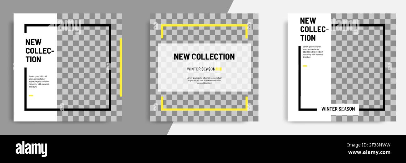 Minimale / minimalistische quadratische geometrische Banner-Vorlage für Social-Media-Post. Schwarze, gelbe und weiße Hintergrundfarbe. Stock Vektor