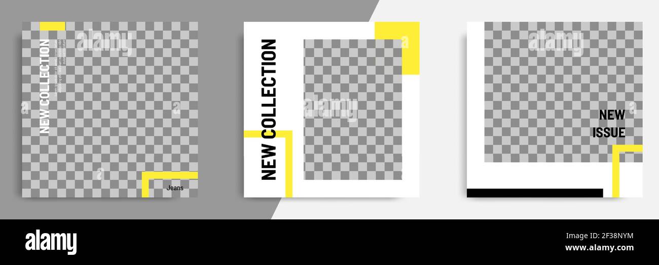 Minimale / minimalistische quadratische geometrische Banner-Vorlage für Social-Media-Post. Schwarze, gelbe und weiße Hintergrundfarbe. Stock Vektor