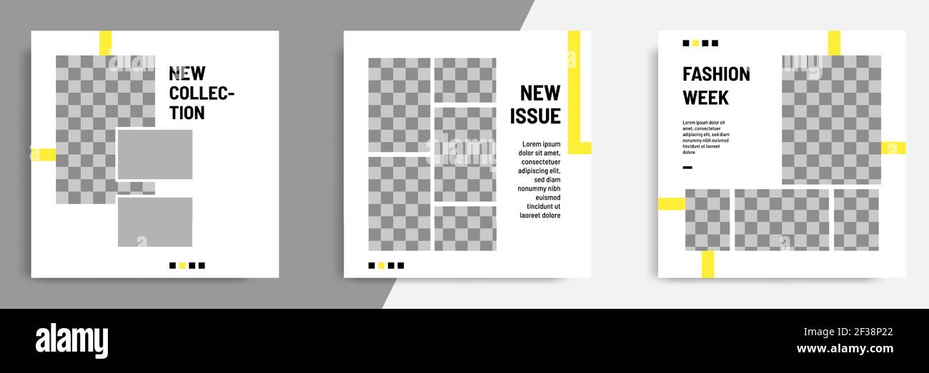 Minimale / minimalistische quadratische geometrische Banner-Vorlage für Social-Media-Post. Schwarze, gelbe und weiße Hintergrundfarbe. Stock Vektor