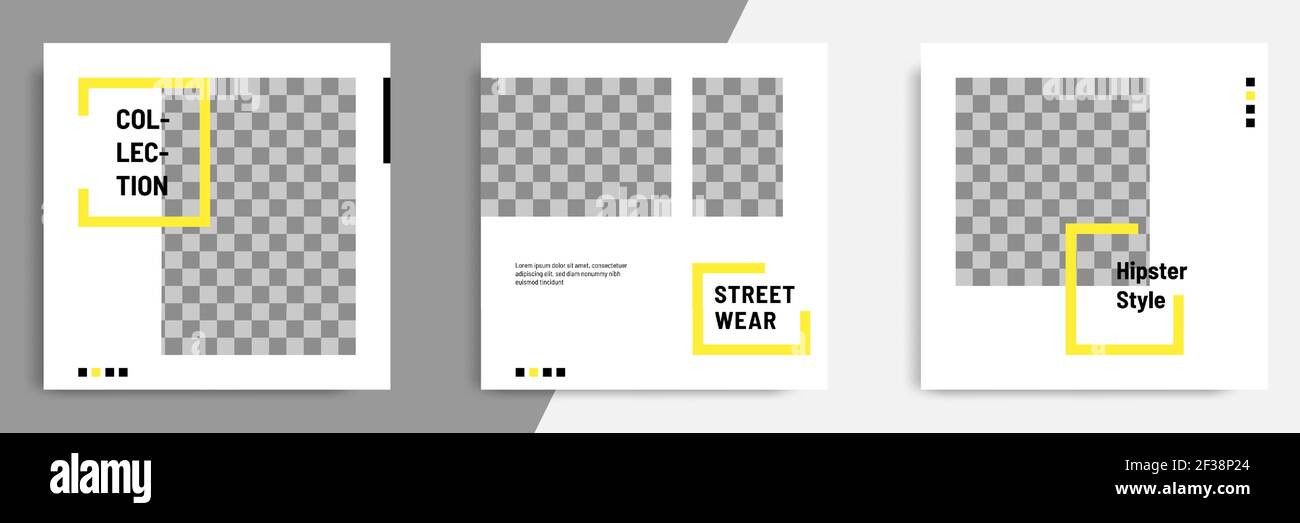 Minimale / minimalistische quadratische geometrische Banner-Vorlage für Social-Media-Post. Schwarze, gelbe und weiße Hintergrundfarbe. Stock Vektor