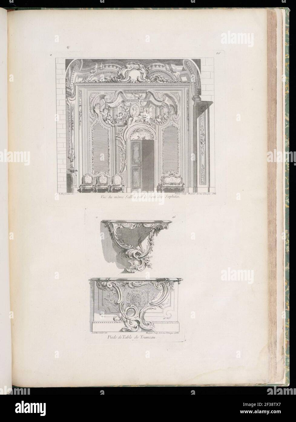 Druck, Pieds de Table de Trumeau (Tischbeine von Trumeau), Platte 46, in oeuvres de Juste-Aurèle Meissonnier (Werke von Juste-Aurèle Meissonnier), 1695–1750 Stockfoto