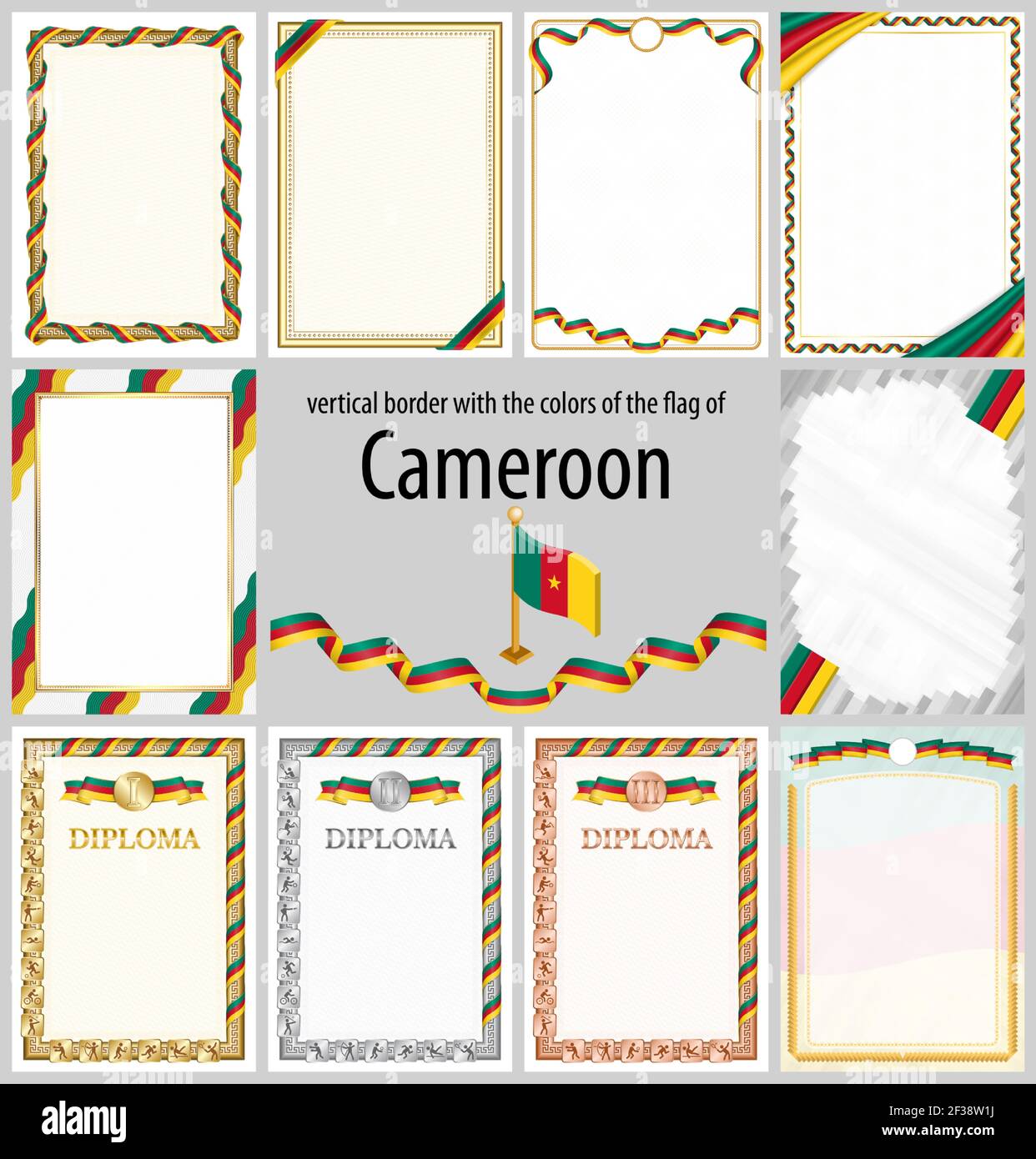 Set von vertikalen Rahmen und Rahmen in den Farben der Flagge von Kamerun, Vorlage Elemente für Ihr Zertifikat und Diplom. Vektor. Stock Vektor