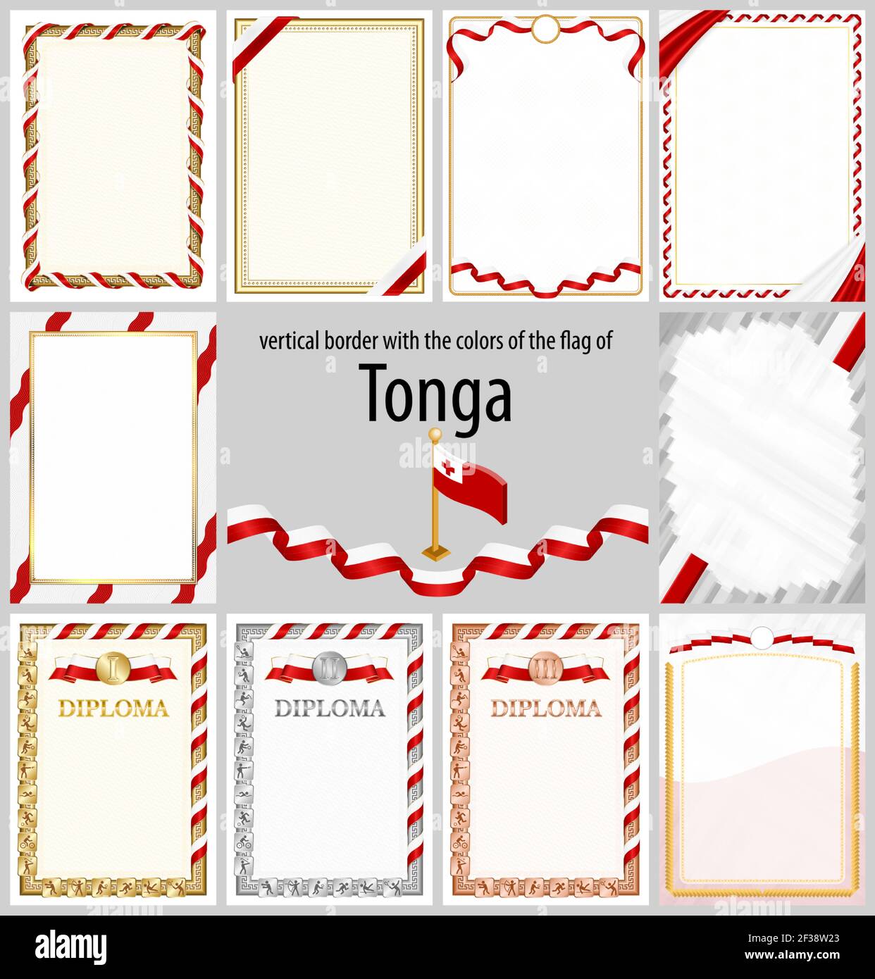 Set von vertikalen Rahmen und Rahmen in den Farben der Flagge von Tonga, Vorlage Elemente für Ihr Zertifikat und Diplom. Vektor. Stock Vektor