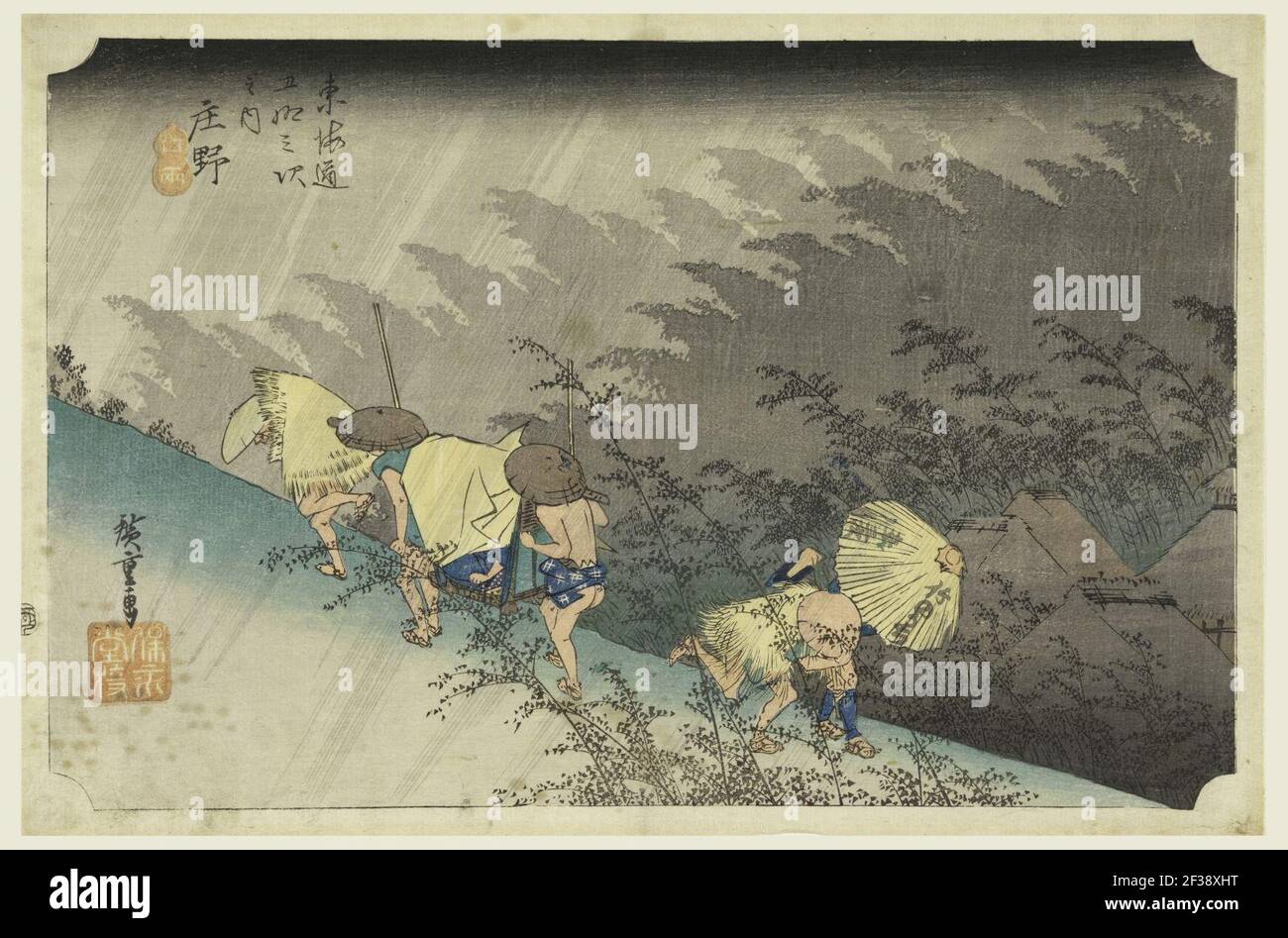 Druck, Shono, Regensturm, in den 53 Stationen der Tokaido-Straße (Tokaido Gojusan Tsugi-no Uchi), ca. 1834 Stockfoto