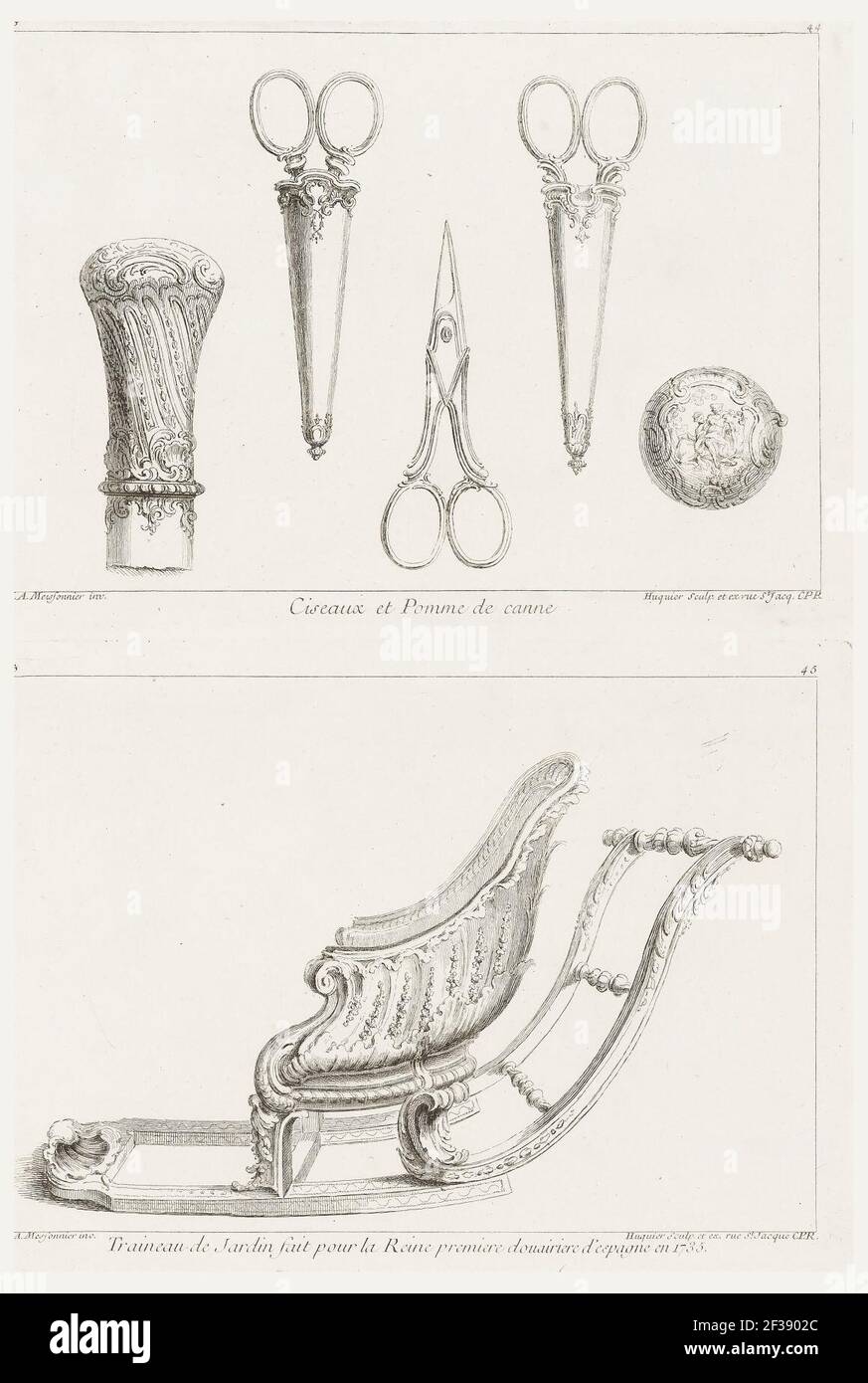 Print, Traineau de Jardin fait pour la reine Premiere douairiere d'espagne en 1735, 4th Teller (Gartenschlitten für Marie-Anne de Neu bourg Königin von Spanien), pl. 49 in Oeuvre de Juste-Aurele Meissonnier, Stockfoto