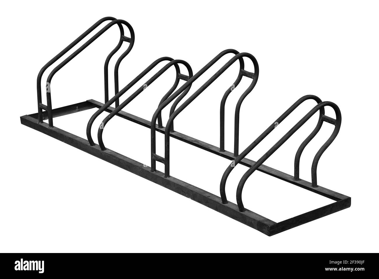 Fahrradparkplatz aus Stahl isoliert auf weißem Hintergrund, mit Clipping-Pfad. Stockfoto