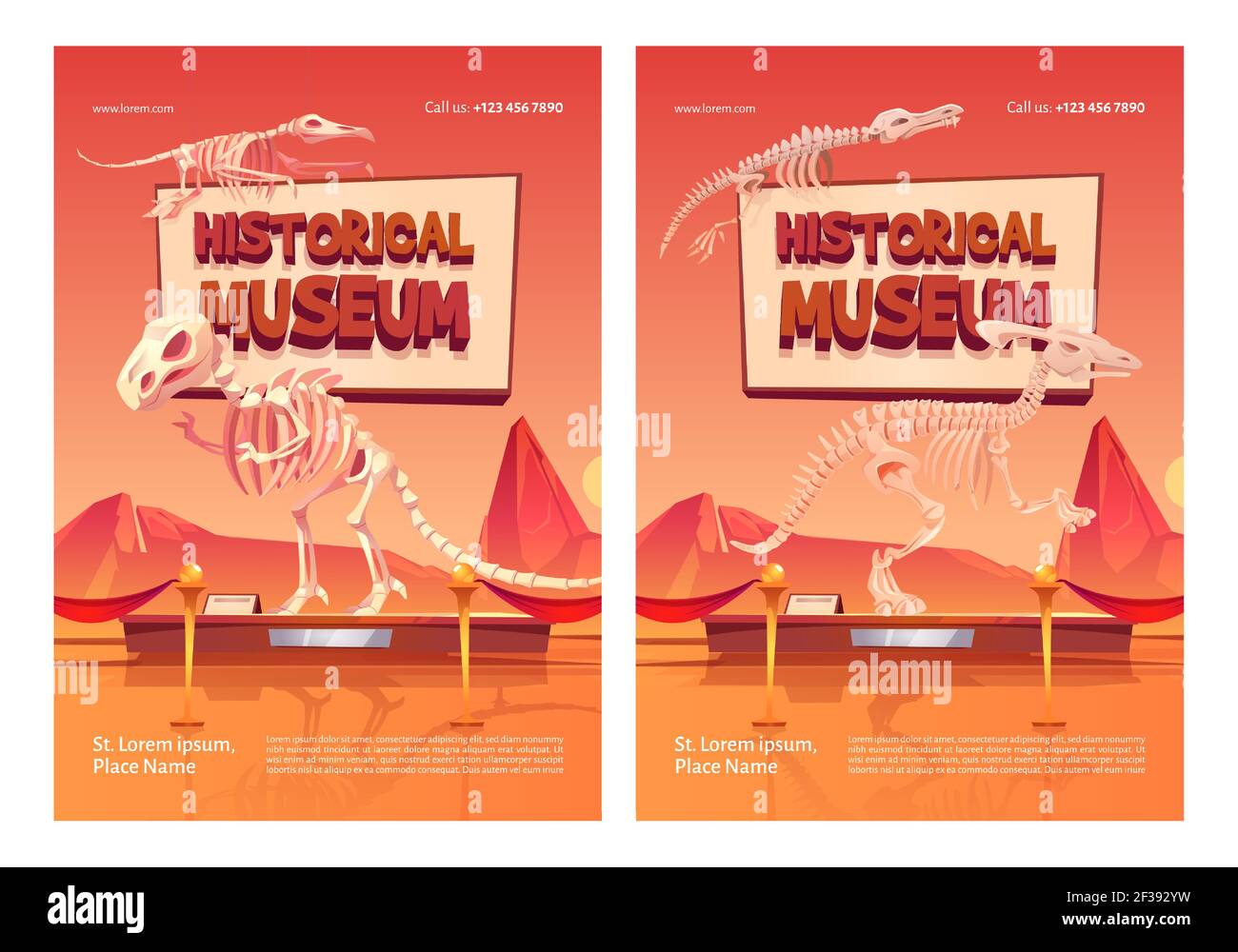 Historische Museumsplakate mit Dinosaurierskeletten Stock Vektor