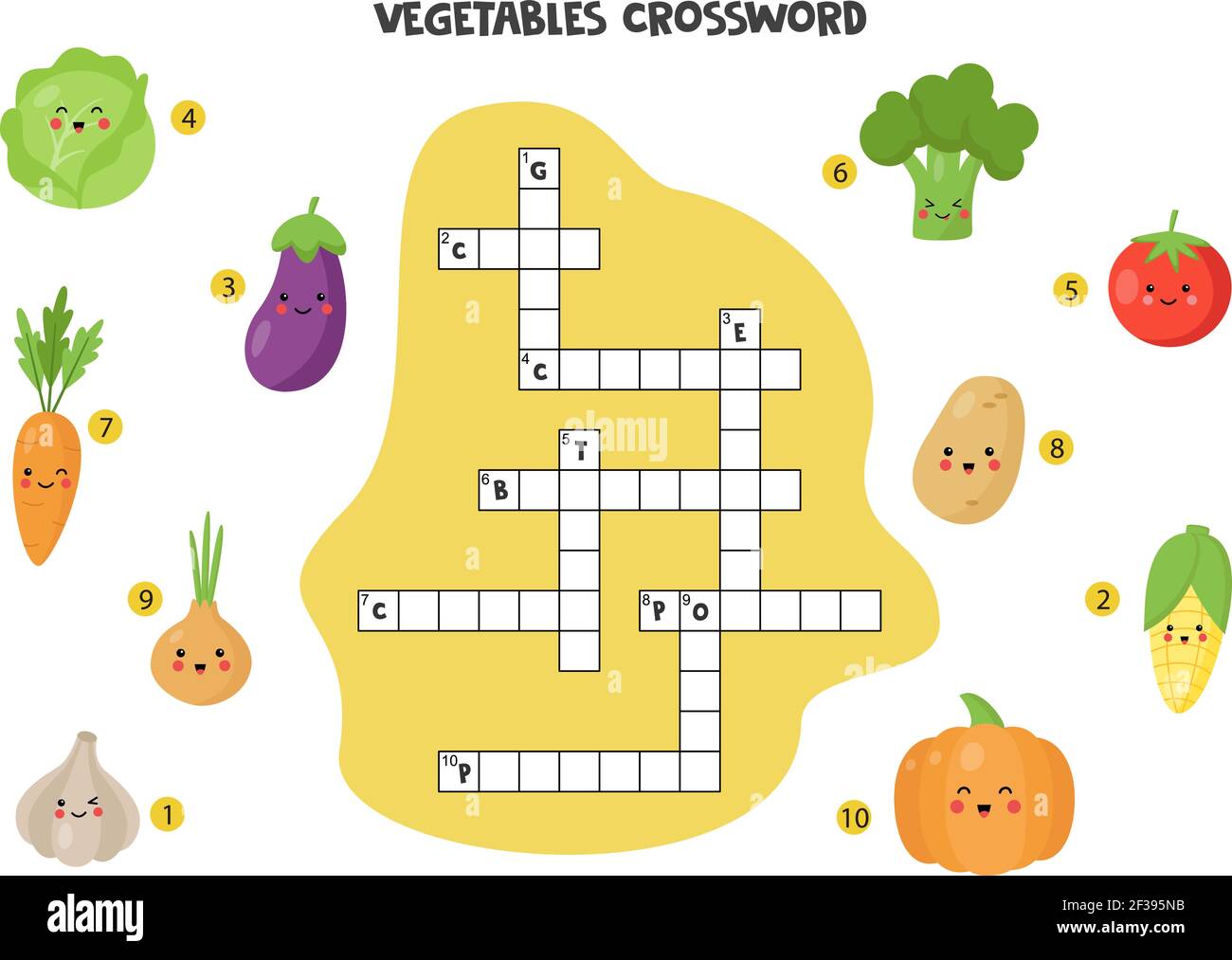 Gemüse Kreuzworträtsel für Kinder. Niedliches, lächelndes Gemüse. Pädagogisches Spiel für Kinder. Stock Vektor