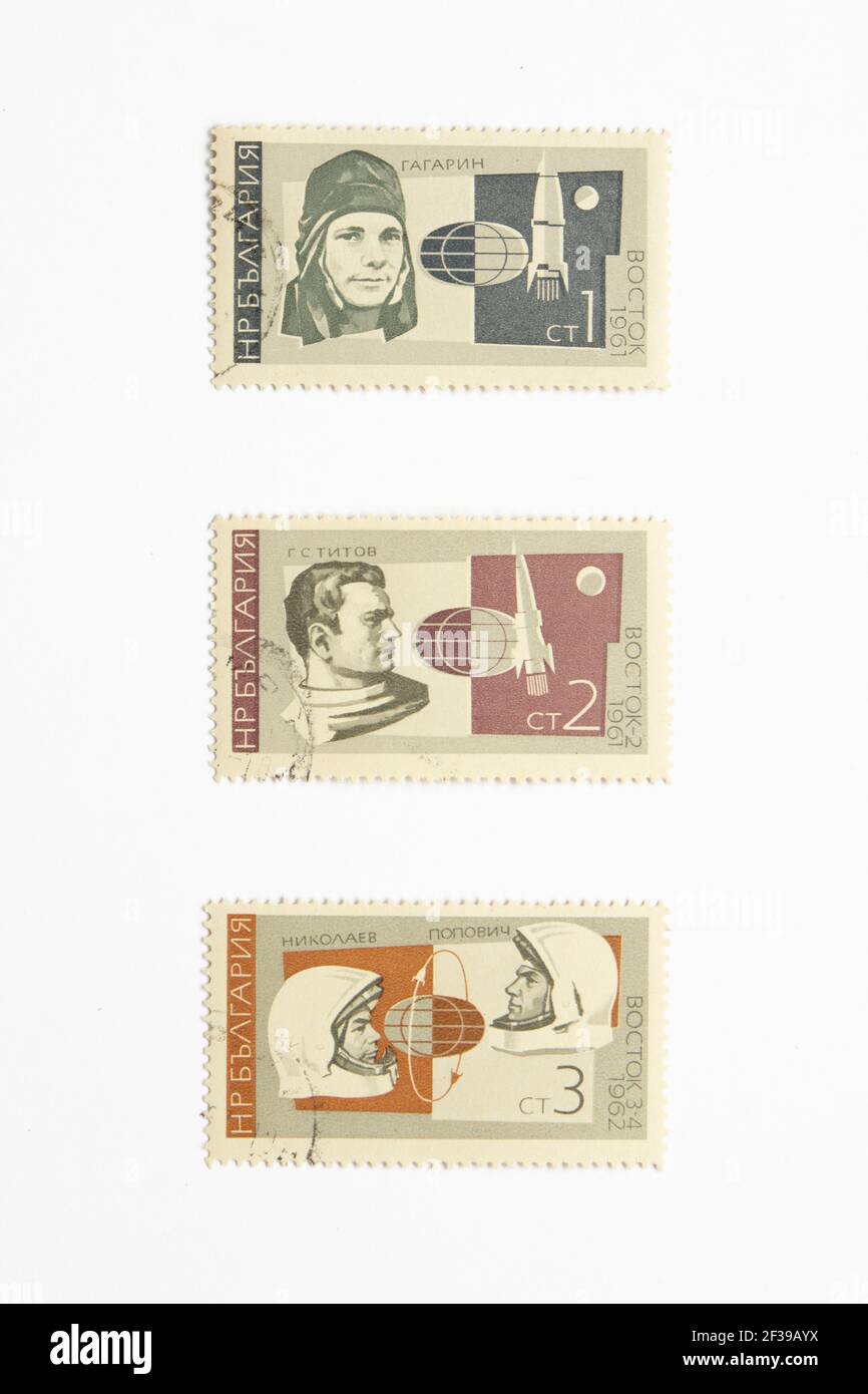 05.03.2021 Istanbul Türkei - gebrauchte und abgesagte Briefmarke Juri Aleksejewitsch Gagarin. Soviet #1 Space Man Stockfoto