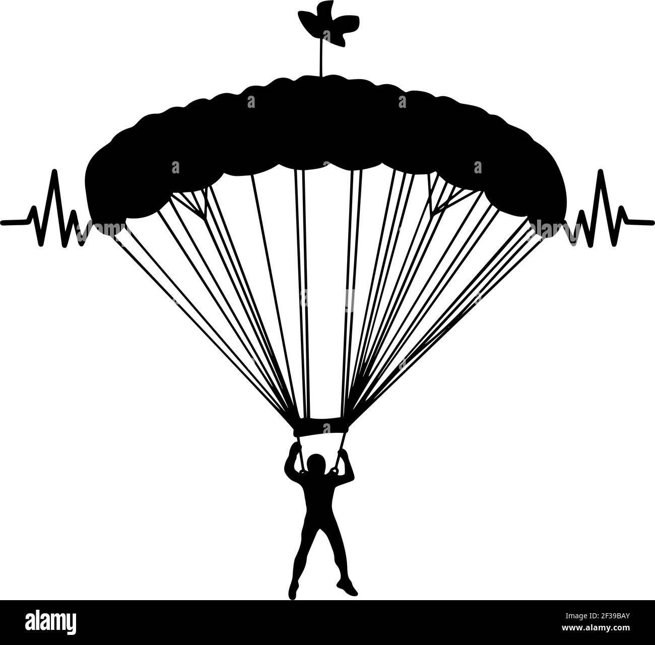Fallschirmspringer im Flug mit Herzschlag Vektor Silhouette Illustration isoliert auf weißem Hintergrund. Versicherungsrisiko-Konzept. Mann in der Luft springen. Fallschirmspringer A Stock Vektor