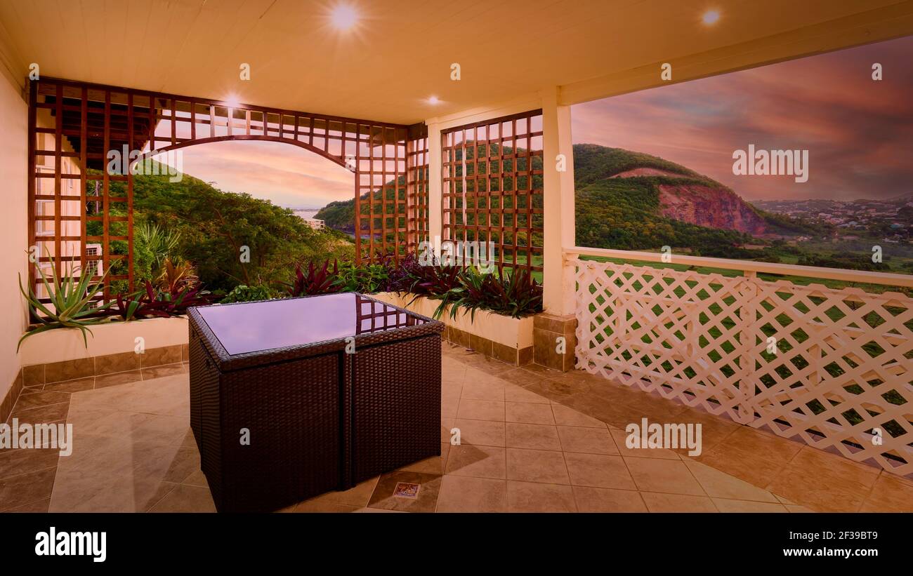Malerische Aussicht auf Rodney Bay und Pigeon Island rom Flamboyant Villa in St. Lucia, Karibik Stockfoto