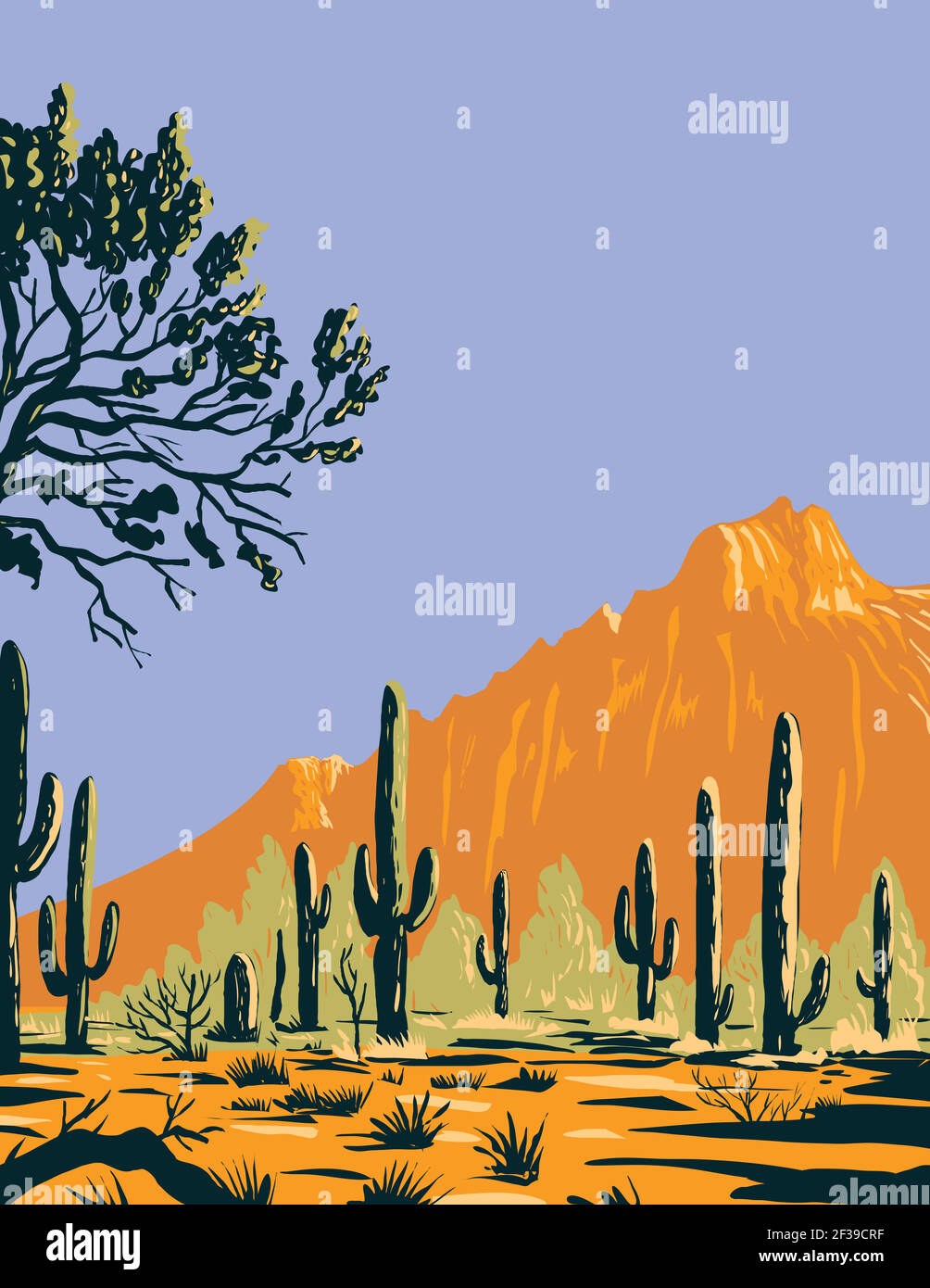 WPA Plakatkunst des saguaro Kaktus oder Carnegiea gigantea In Ironwood Forest National Monument ein bergiger Abschnitt der Sonoran Wüste in Arizona Stock Vektor