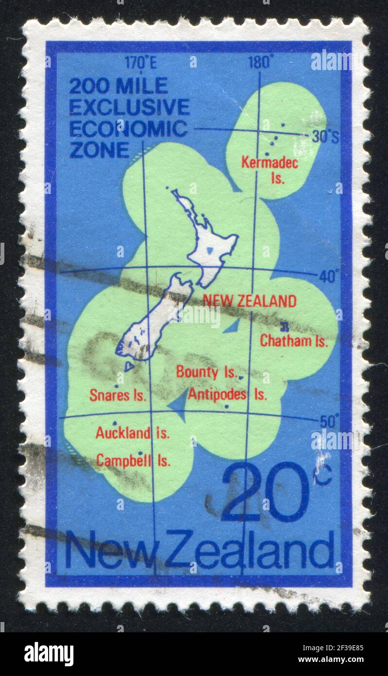 NEUSEELAND - UM 1978: Briefmarke gedruckt von Neuseeland, zeigt Karte von Neuseeland Exclusive Economic Zone, um 1978 Stockfoto