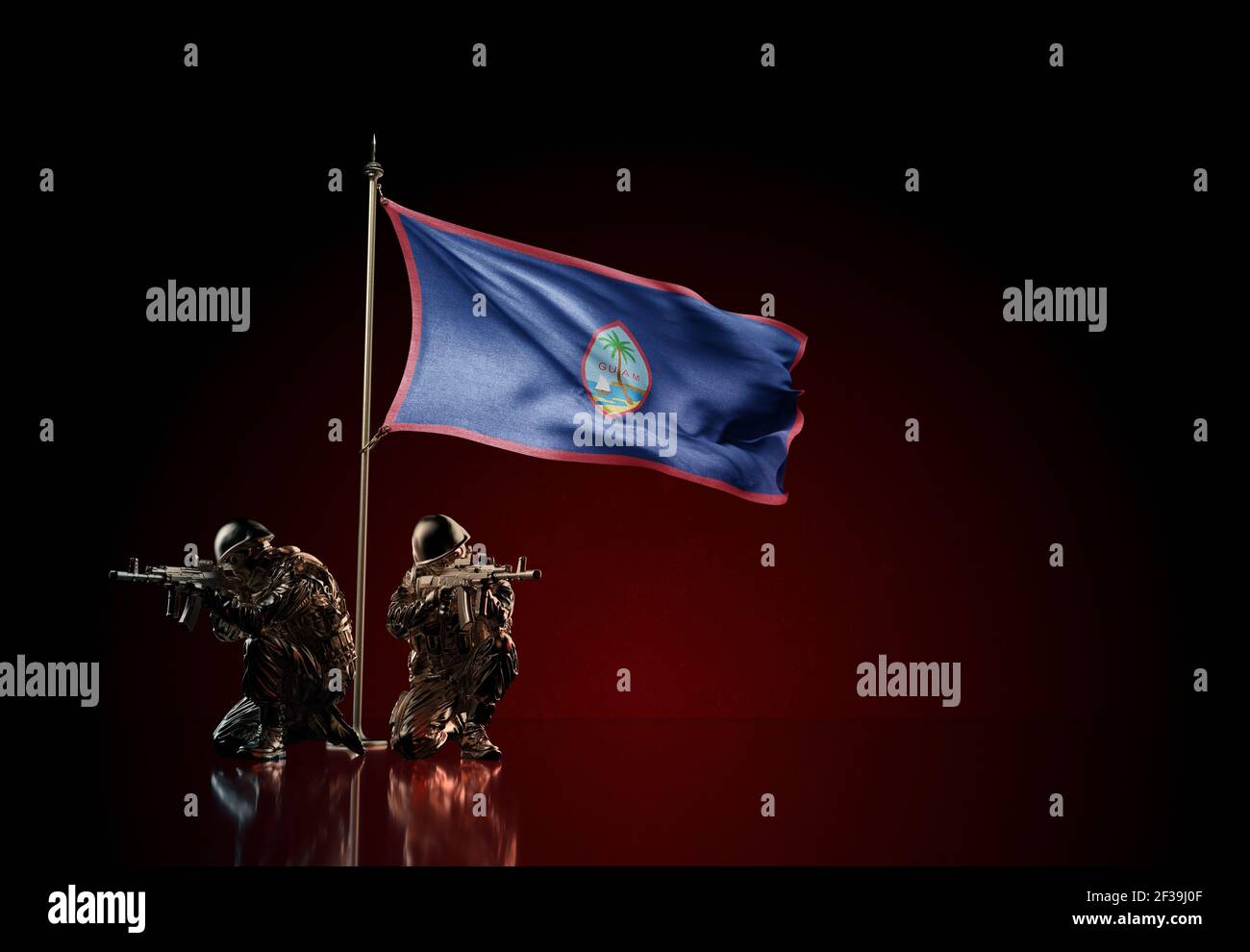 Konzept des militärischen Konflikts mit Soldaten Statuen und winkende Nationalflagge von Guam. Illustration der Coup-Idee. Zwei Wachen verteidigen das Symbol Stockfoto