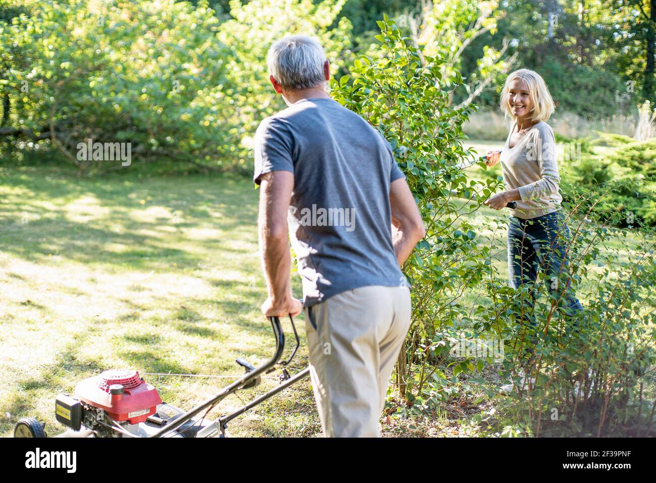 Glückliches reifes Paar, das Rasen mäht und Pflanzen im Hinterhof schneidet Stockfoto