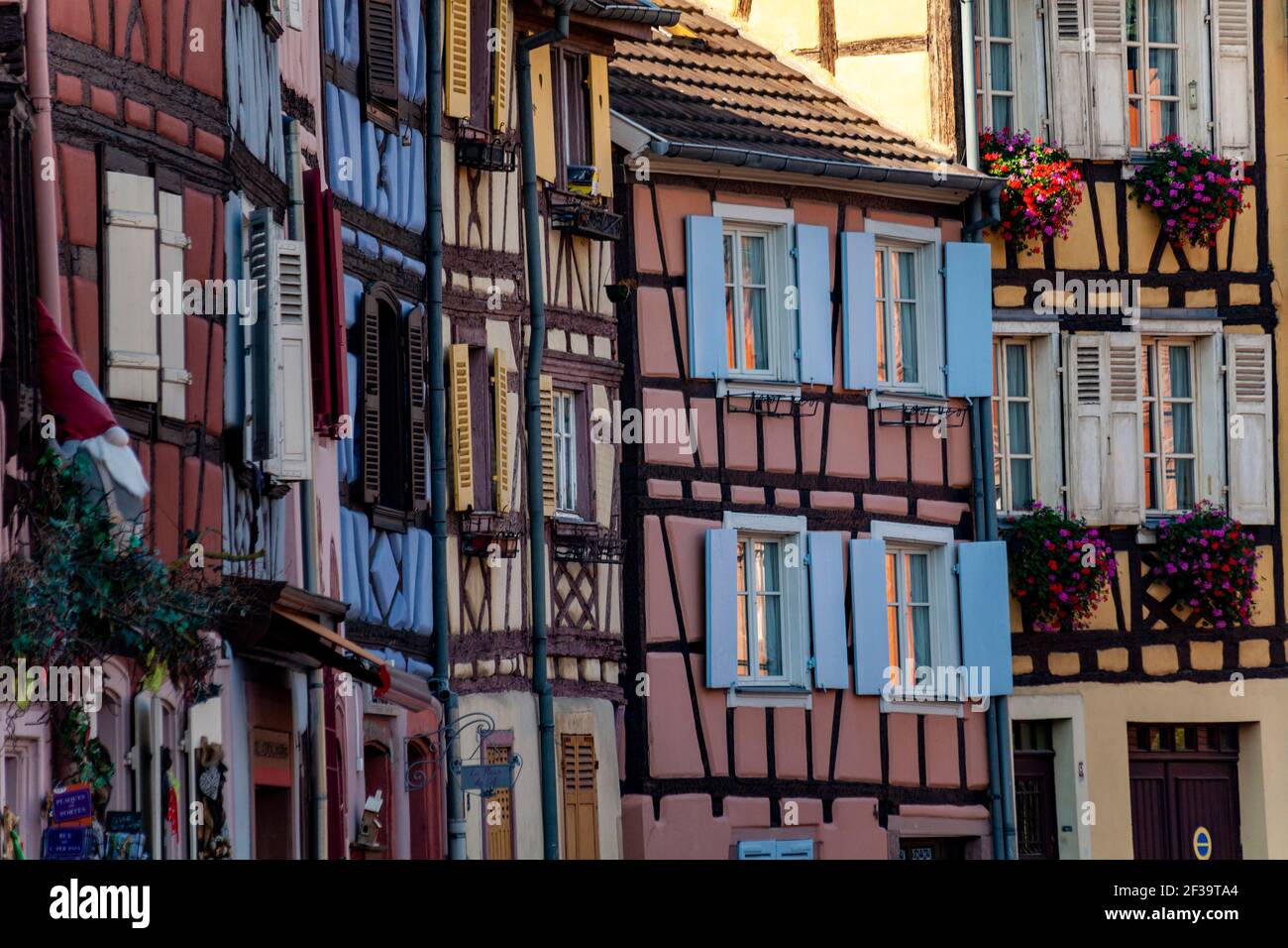 Colmar (Nord-Ost-Frankreich): Fassaden von Fachwerkhäusern, traditionelle elsässische Häuser entlang der Lauch im Touristenviertel von Little Ve Stockfoto