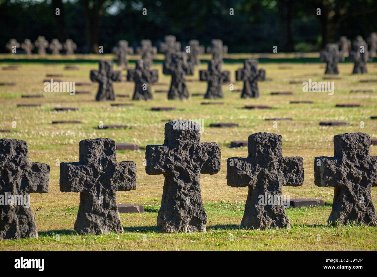 La Cambe (Normandie, Frankreich): Deutscher Soldatenfriedhof, die Häuser mehr als 21000 Stelen der deutschen Soldaten, die während der Schlacht von Keine gestorben Stockfoto