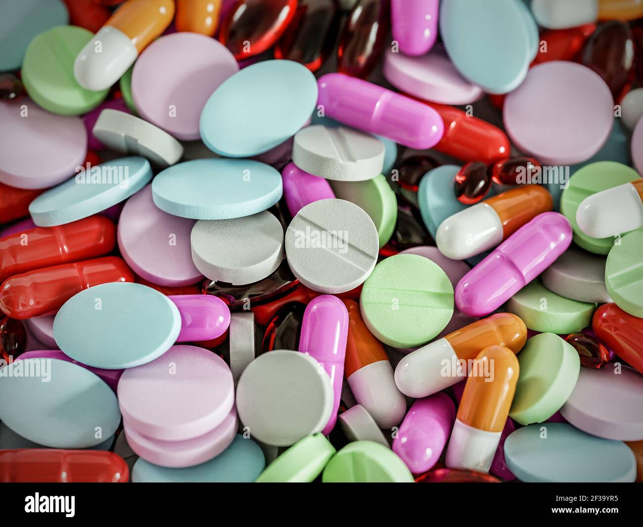 Haufen aller Arten von medizinischen Pillen von oben erschossen Stockfoto