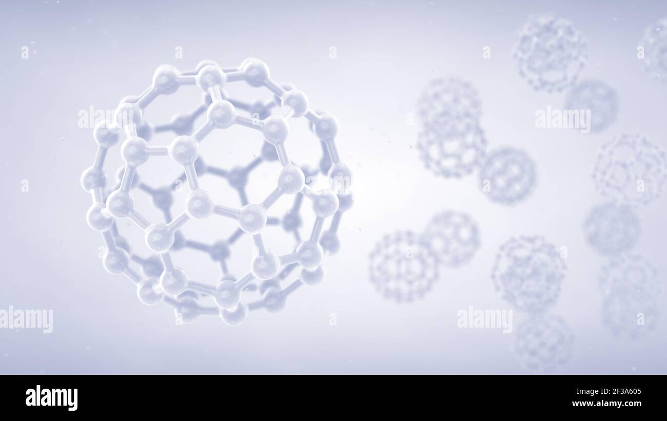 Carbon-Buckyball-Moleküle. Fulleren Nanopartikel Struktur. Stockfoto