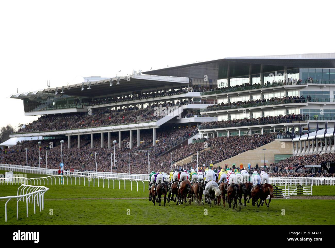 File photo dated 13-03-2020 of Runners and Riders compete in the Randox Health County Handicap Hurdle at the 2020 Cheltenham Festival. Ausgabedatum: Dienstag, 16. März 2021. Stockfoto