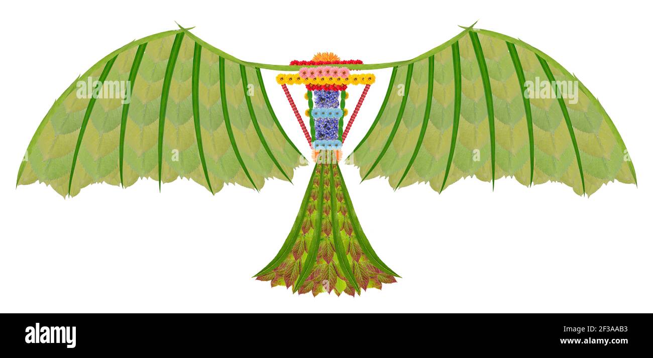 Ancient Glider - Icarus Flügel aus Blumen und Blättern. Isolierte Handmae Fotocollage Stockfoto