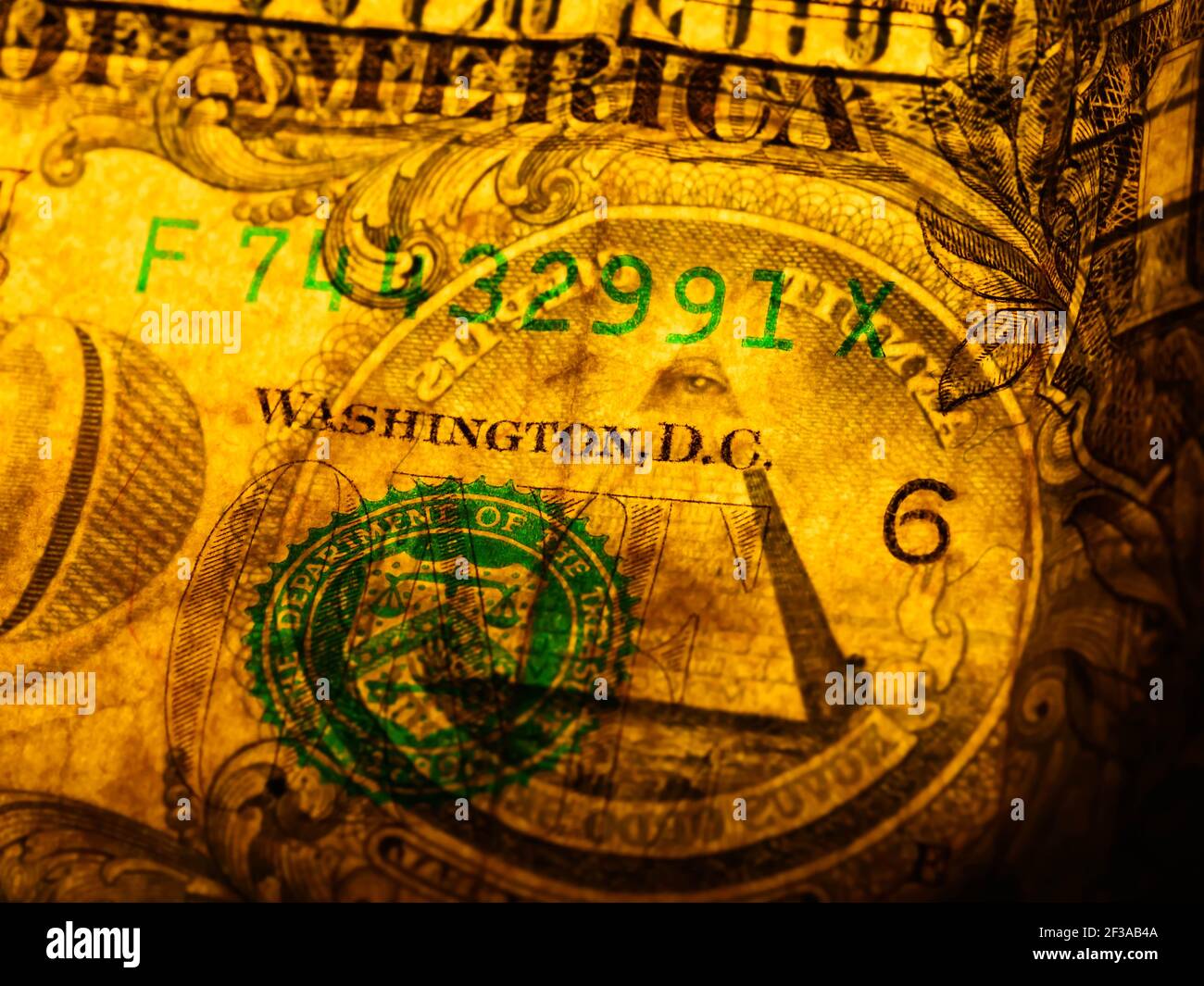 Makrofoto einer 1-Dollar-Rechnung. George Washington Porträt auf dem ein-Dollar-Schein Nahaufnahme Makro. Stockfoto