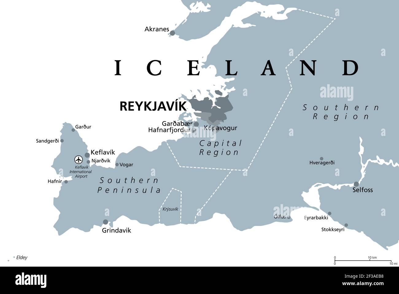 Island, Hauptstadtregion und Südliche Halbinsel, graue politische Landkarte. Reykjavik und Umgebung, mit Reykjanes Peninsula, einer Region im Südwesten Islands. Stockfoto