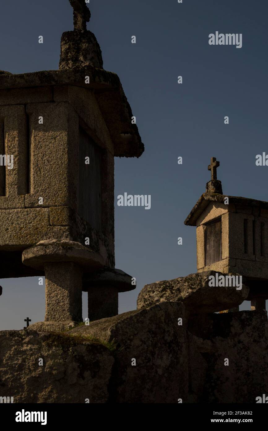 Espigueiros, eine Steinstruktur, die verwendet wird, um die geernteten Kulturen im Winter in ländlichen Dörfern nördlich von portugal sicher zu halten Stockfoto