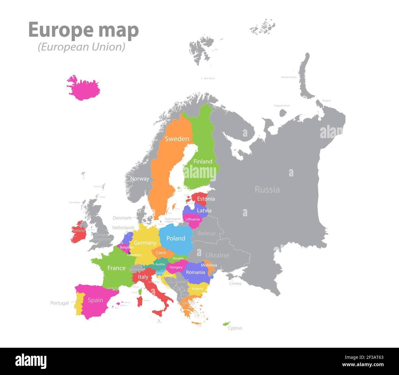 Europakarte und Europäische Union, einzelne Staaten mit Namen, Farbkarte isoliert auf weißem Hintergrund Vektor Stock Vektor
