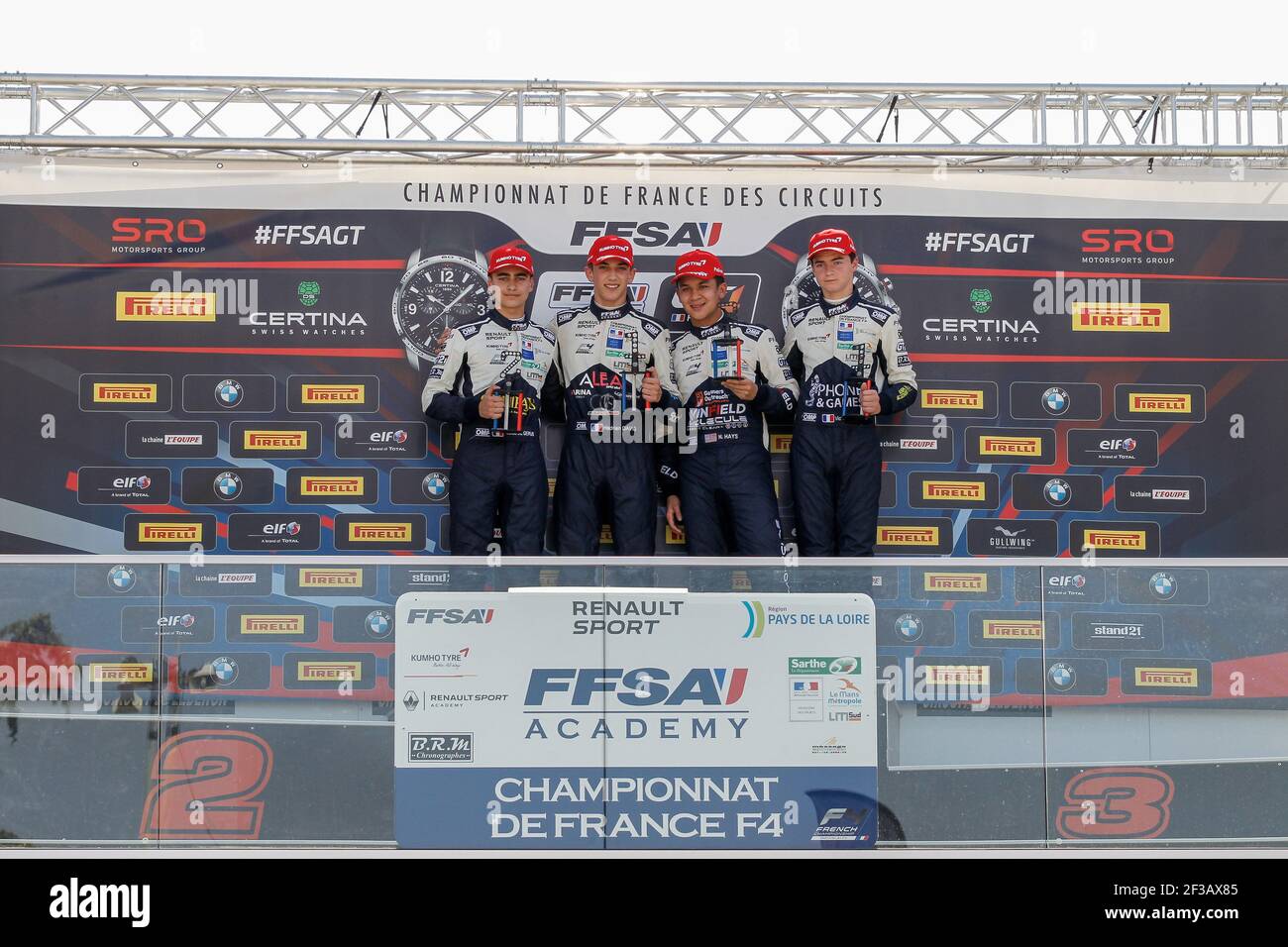 Podium Course 1,DAVID Hadrien (Fra), F4 FFSA Academy, Portrait , DE GERUS Reshad (Fra), F4 FFSA Academy, Portrait, HAYS Nicky (usa), F4 FFSA Academy, Portrait, BERNIER Victor (Fra), F4 FFSA Academy, Portrait, während der 2019 FFSA GT Circuit französisch Meisterschaft, vom 5. Bis 7. Juli in Ledenon, Frankreich - Foto Marc de Mattia / DPPI Stockfoto