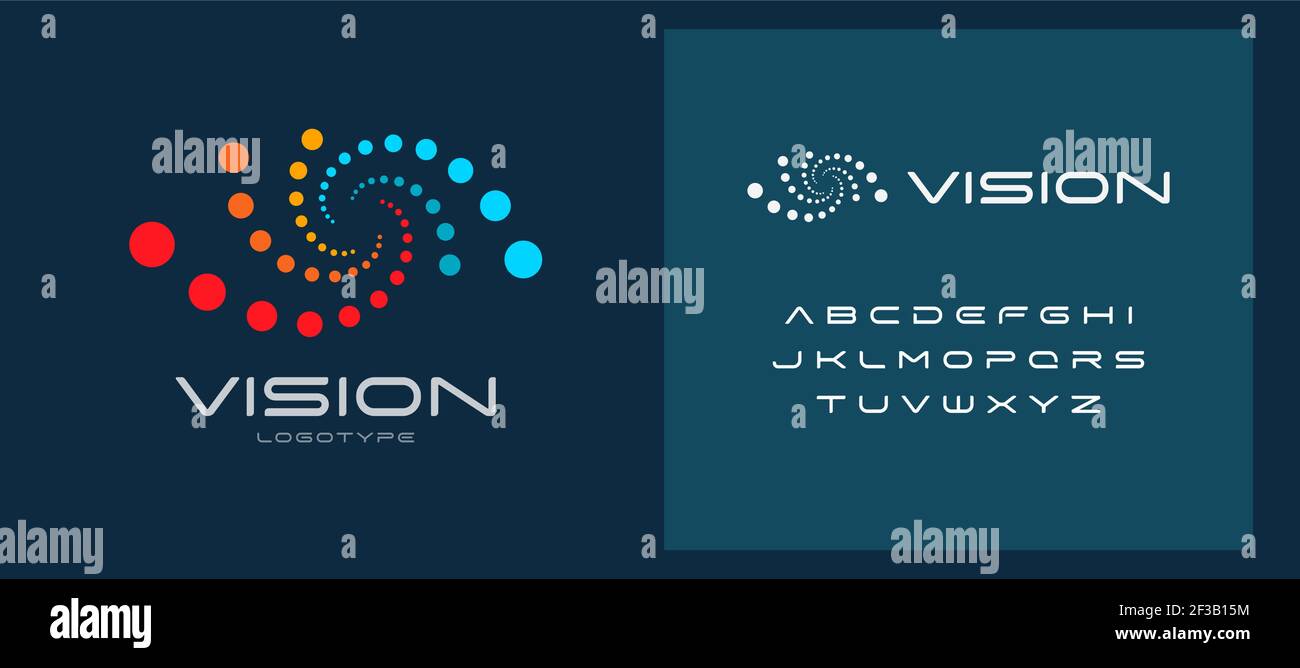 Laser Vision Korrektur, Klinik Logo Konzept. Logo mit abstrakten Punkten. Medizinische Technologie der Augengesundheit, Sehwiederherstellung. Symbol der Brille Stock Vektor