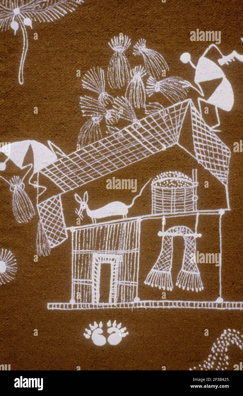 Indien, Warli Malerei, Hay auf dem Dach, Maus im Dachboden. Stockfoto