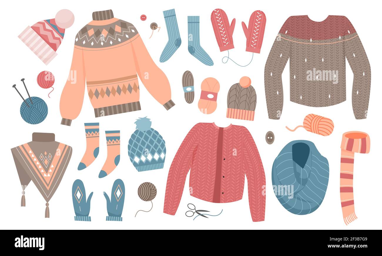 Winter Strickmode Set, Wolle Strickmode Kollektion mit Pullover Pullover Schal Socken Stock Vektor