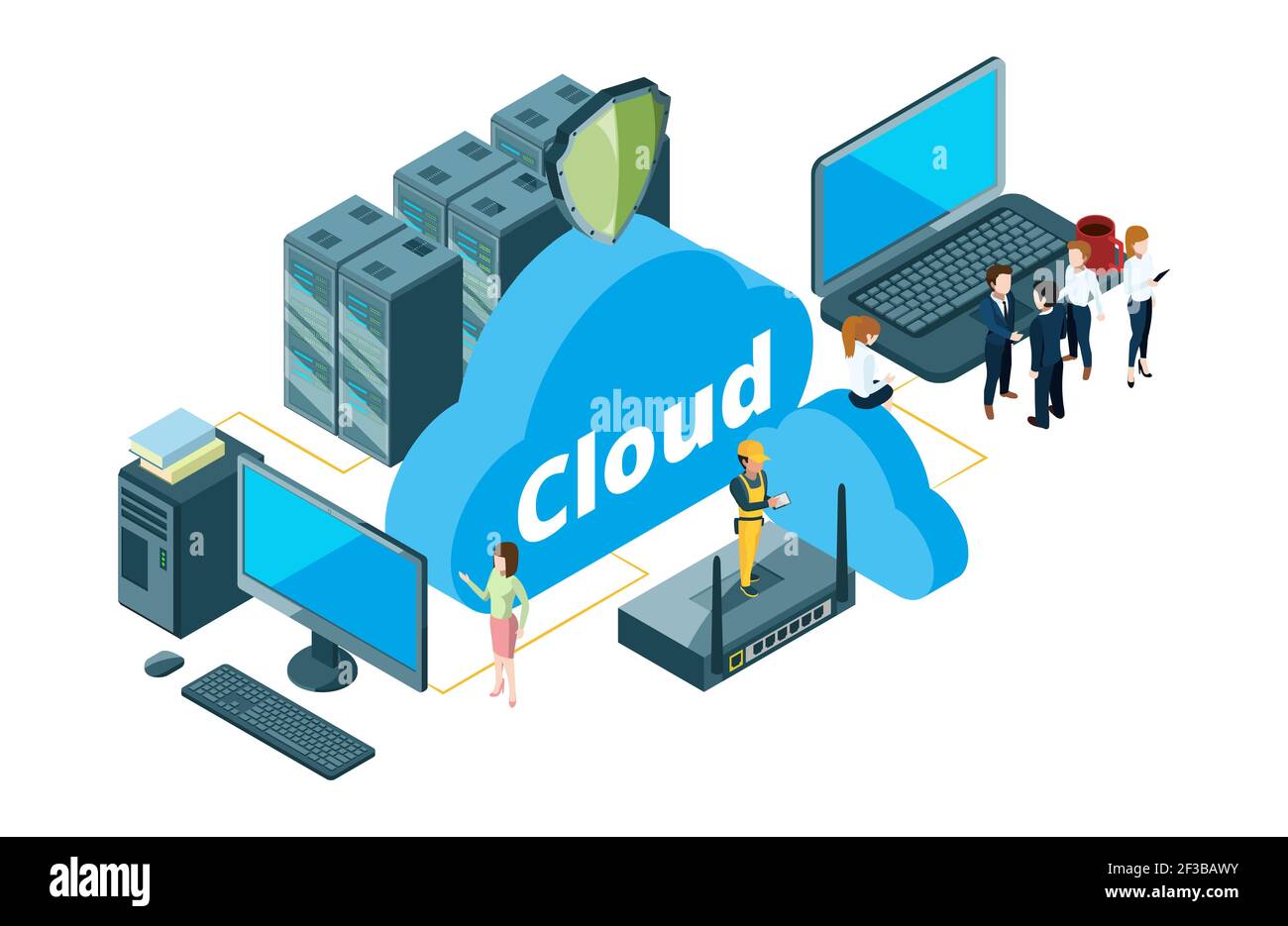 Cloud-Storage-Konzept. Abbildung des isometrischen Datentransfervektors. Geschäftsleute und Hausfrauen nutzten Cloud-Speicher Stock Vektor