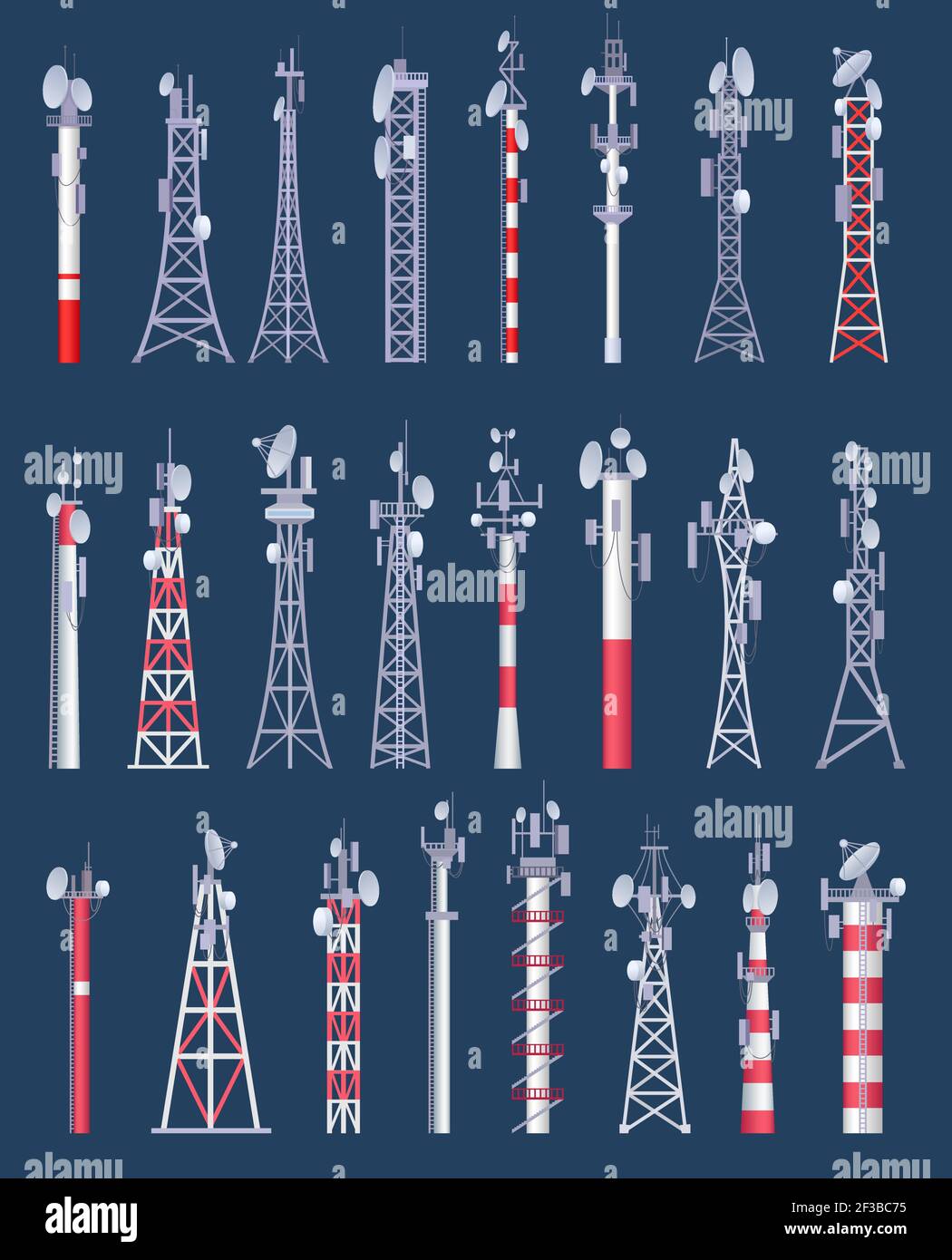 Wireless-Tower. Mobilfunk-WLAN-Radio und tv-Zelle Kommunikationstürme mit Antena-Vektor-Sammlung Stock Vektor