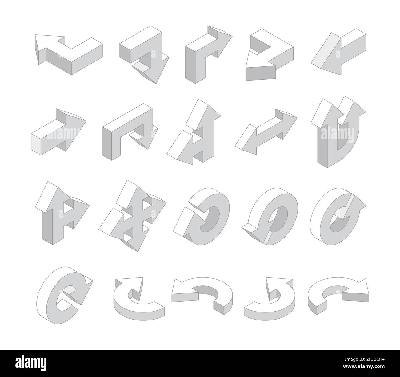 3D Pfeile. Isometrischer weißer Vektor mit verschiedenen Richtungspfeilen Stock Vektor
