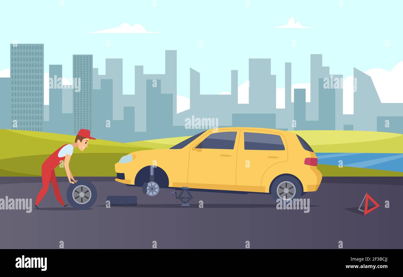 Pannenhilfe. Vector Reifenmontierungsservice. Cartoon Auto Mechaniker ändern Autoräder auf Straße Illustration Stock Vektor