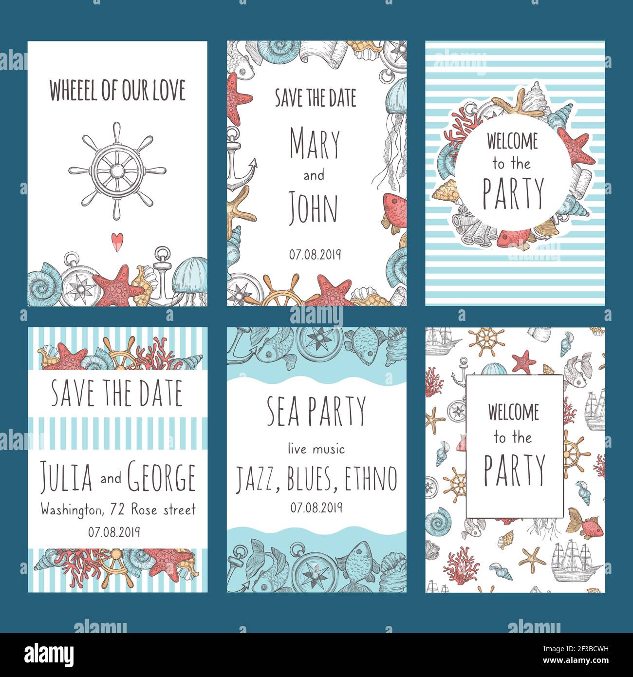 Datumskarten speichern. Nautische Symbole Segelboot Muscheln Knoten Fisch marine Design Vorlage der Einladung Feier Hochzeit Vektor-Karten Stock Vektor
