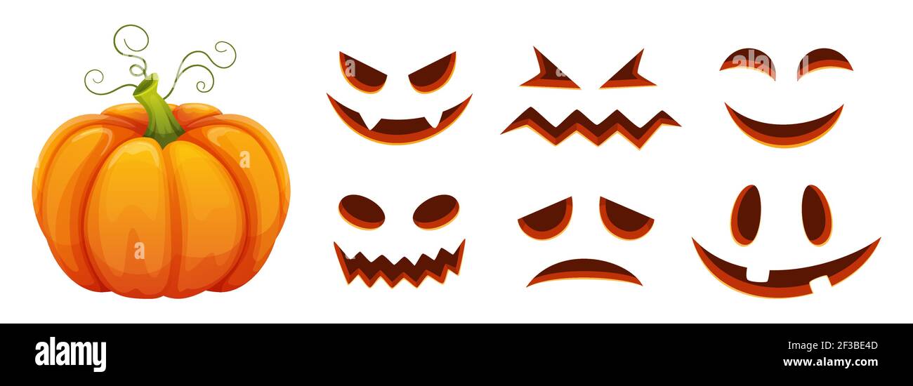 Halloween Kürbis Gesichter Generator. Vektor Cartoon Kürbis mit Angst und Smiley Gesichter Stock Vektor