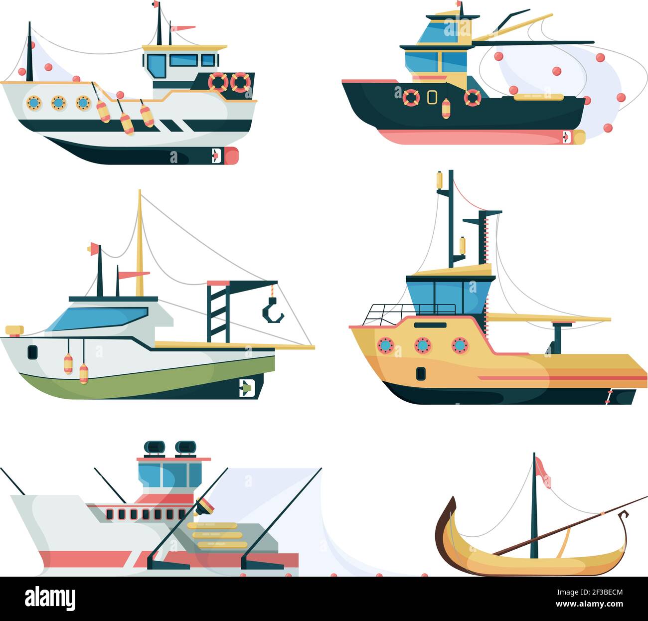 Fischerboote. Seeschifffahrt Transport für die Fischerei große und kleine Schiffe Vektor flachen Stil Stock Vektor