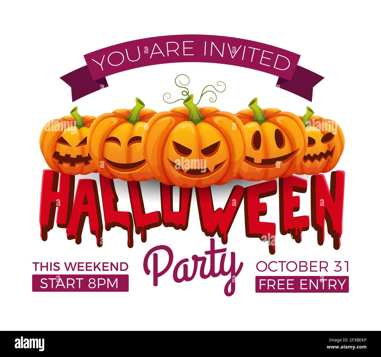 Halloween-Banner. 31 oktober Party Einladung Vektor Vorlage. Halloween Kürbisse mit lustigen und erschreckt Gesichter Stock Vektor