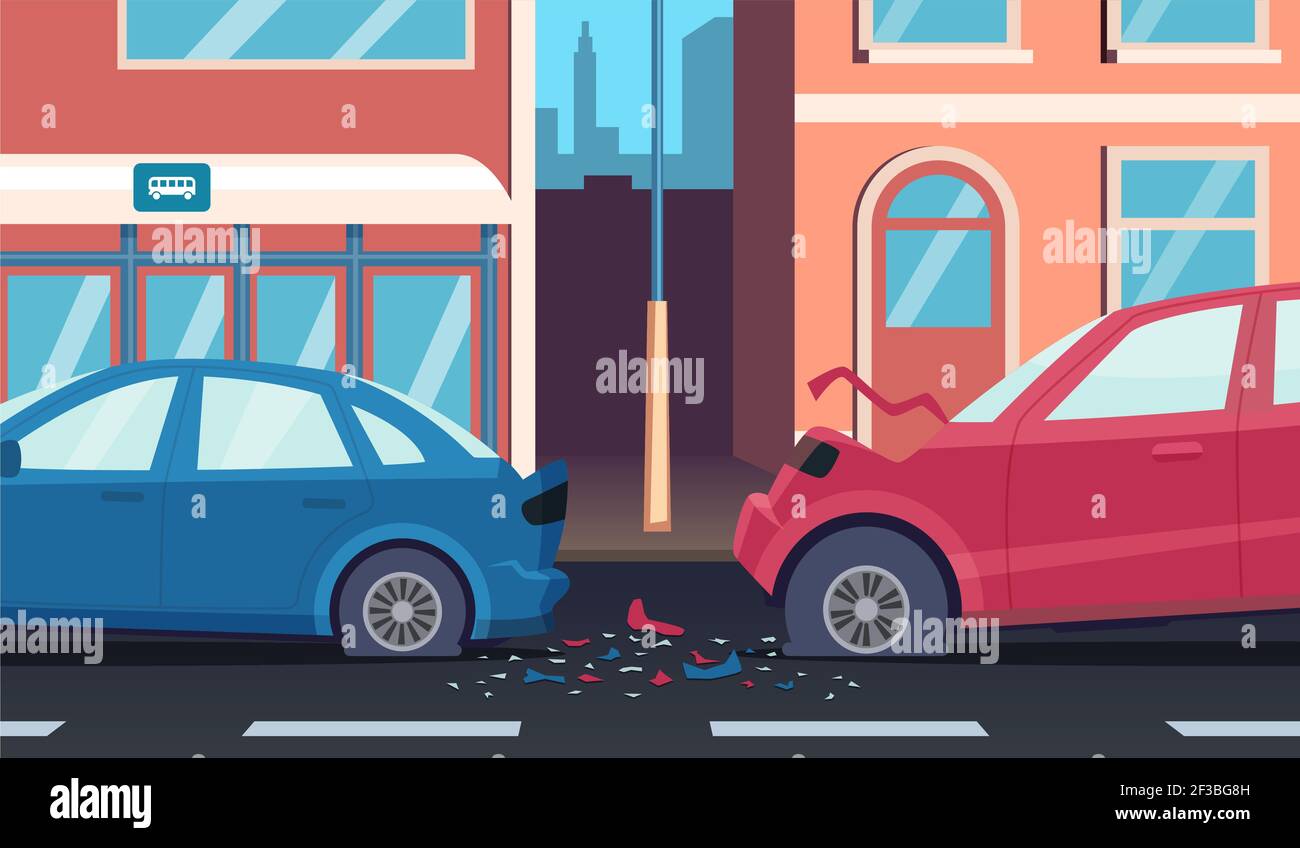 Unfall auf der Straße. Unfall Autobahn schnell Autofahrer beschädigt Transport Vektor Cartoon Hintergrund Stock Vektor