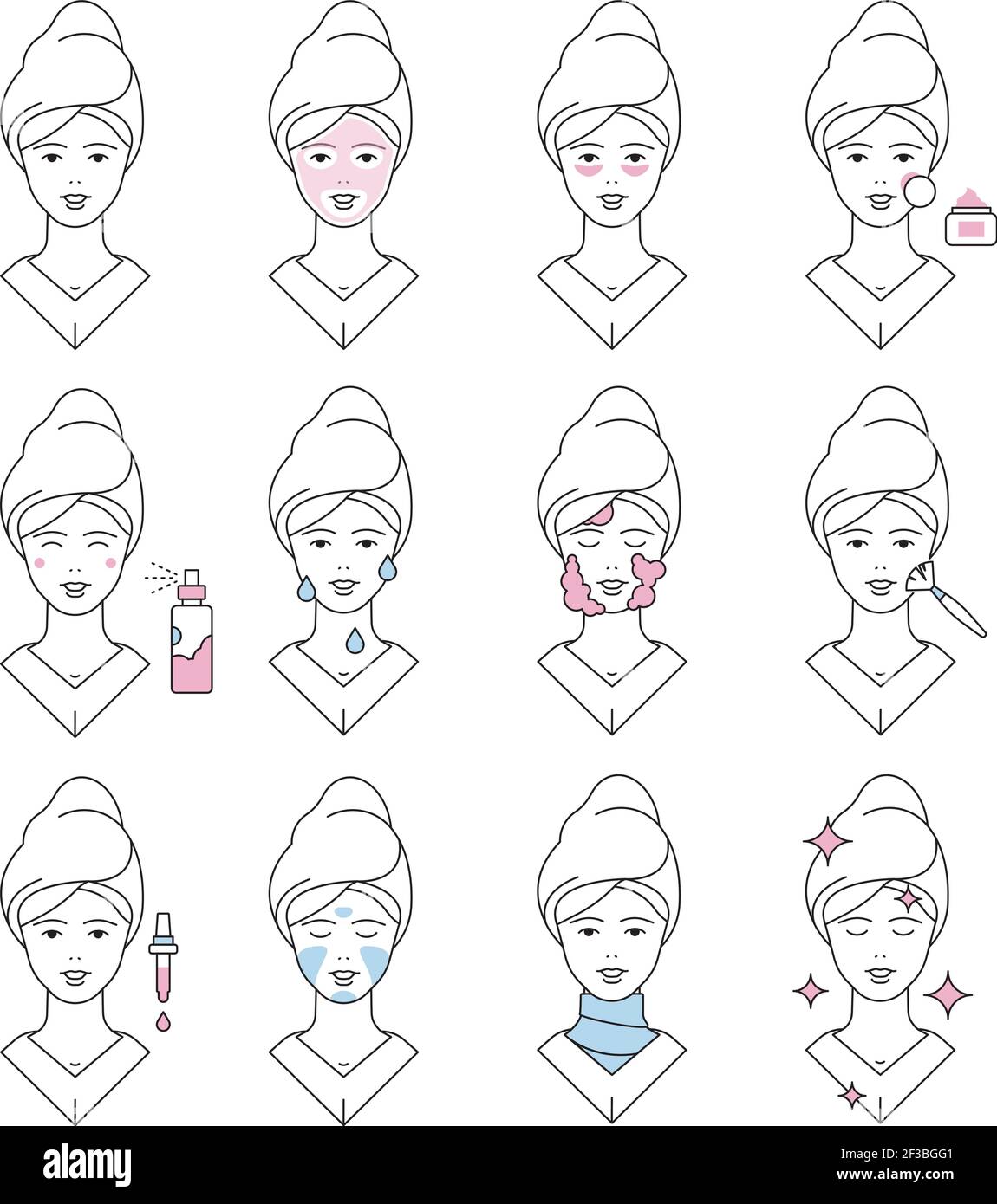 Symbol Hautpflege. Gesicht Creme Seife gewaschen Kollagen Augencreme Make-up Linie reinigen Pore Vektor-Symbole Stock Vektor